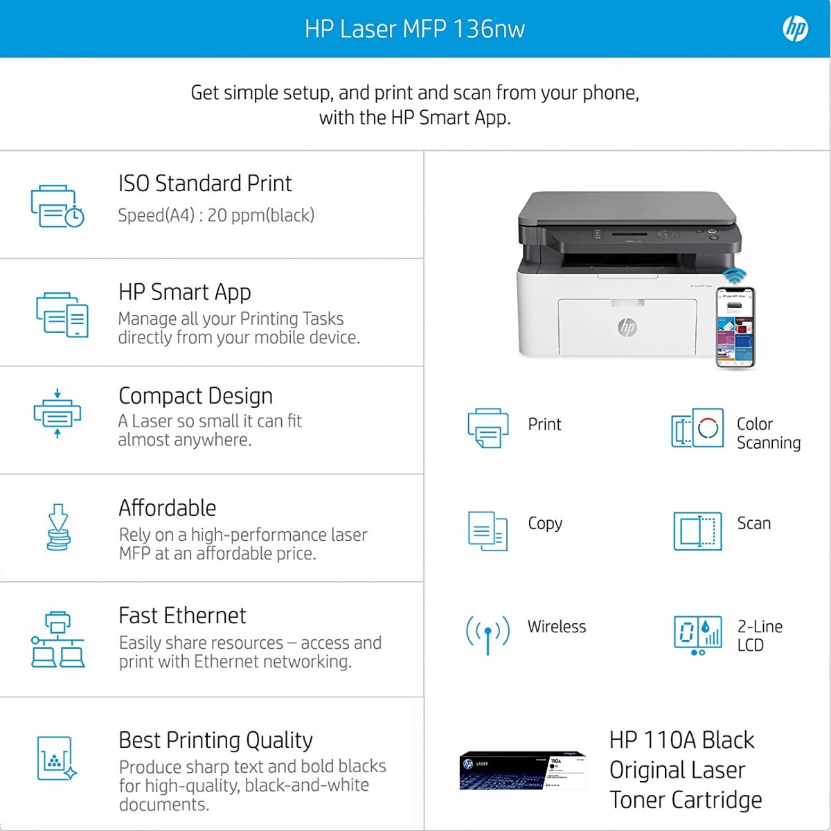HP LaserJet 136nw WiFi Printer – refurbished