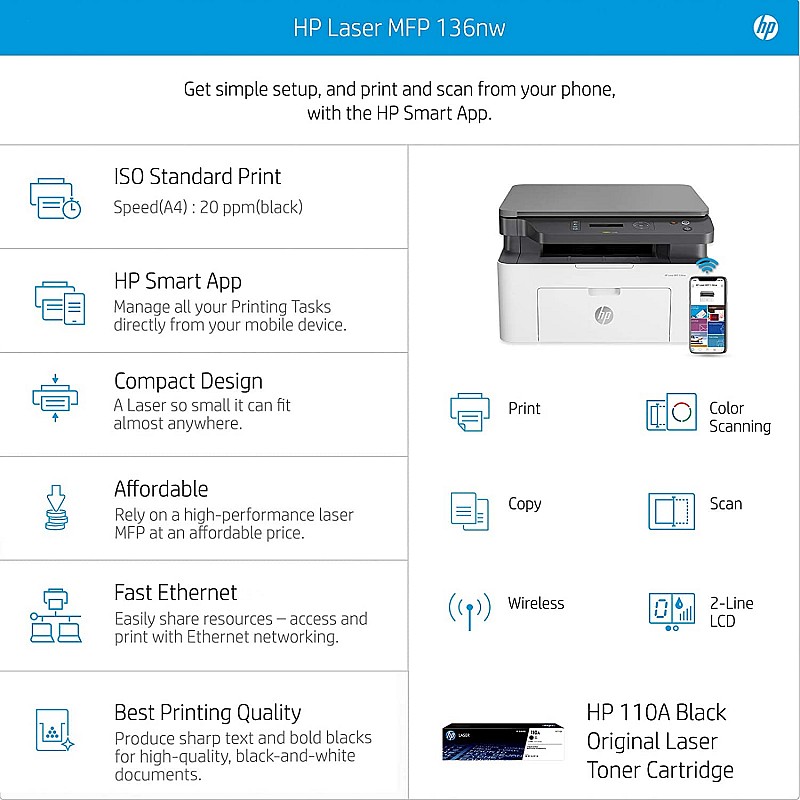 HP Laserjet 136nw WiFi Printer, Print Copy Scan, Compact Design, Reliable and Fast Printing, Network Support Refurbished 