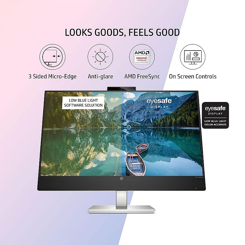 HP M27 27 Inch(68.58 cm) 1924 x 1080 Pixels FHD Monitor, IPS 3-Sided Micro-Edge Screen, AMD FreeSync, 5 MP Webcam, 75Hz, 99% sRGB, 1xHDMI 1.4, 300 nits(459K0AA), M27 Webcam,