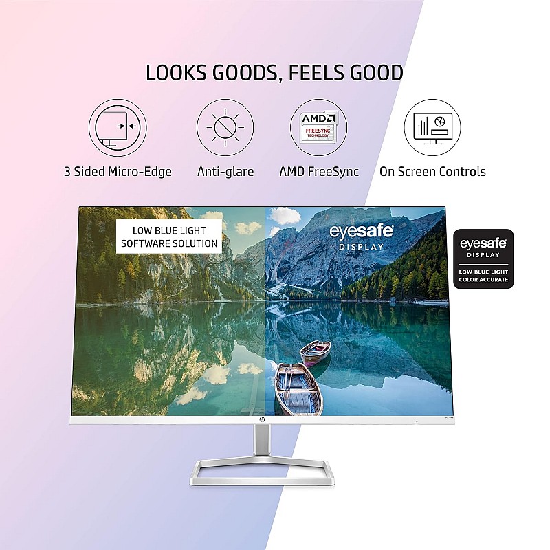 HP M27fwa 27-Inch(68.6cm) Eye Safe Certified 1920 x 1080 Pixels Full HD IPS 3-Sided Micro-Edge LED Monitor, 75Hz, AMD FreeSync with 1xVGA, 2xHDMI 1.4 Ports, 300 nits, in-Built Speakers, Silver