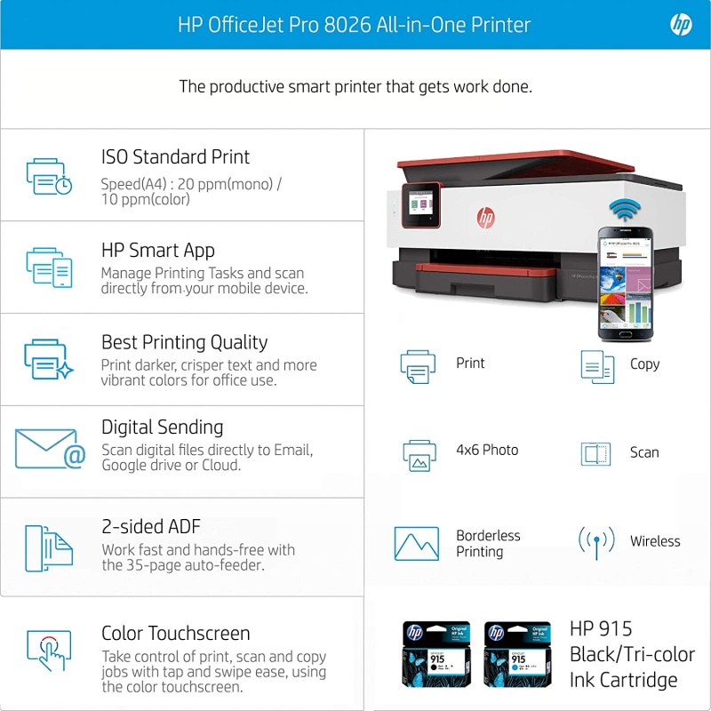 HP OfficeJet Pro 8026 All-in-One Wireless Smart Colour Printer with Auto-Duplex, ADF with Voice-Activated Printing