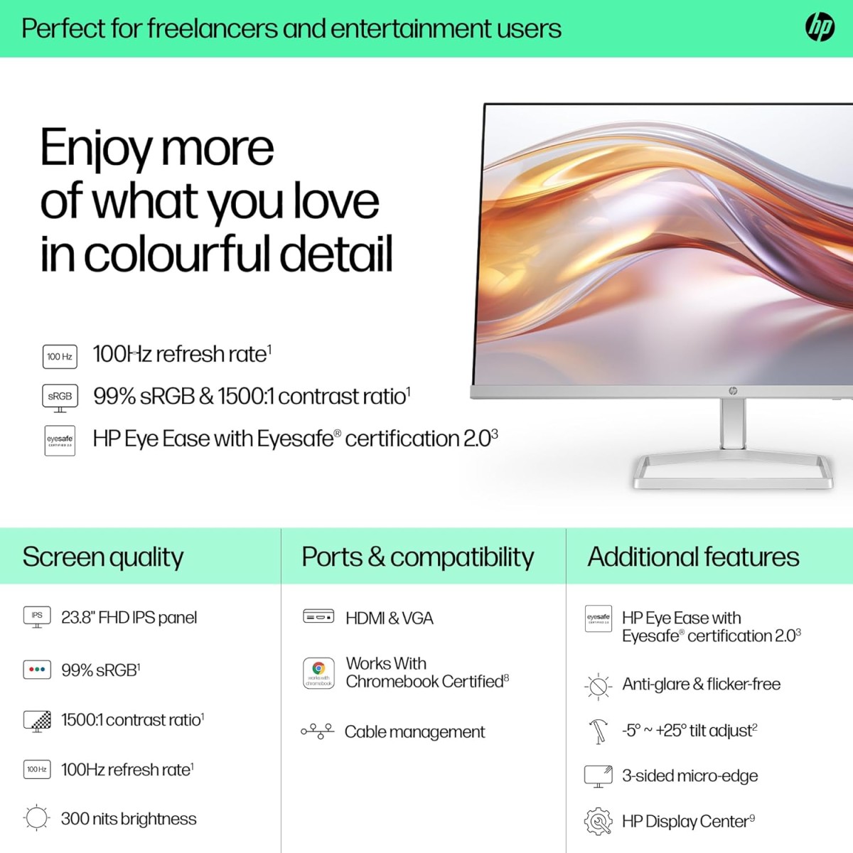 HP Series 5 23.8 inch FHD Monitor with Speakers - 524sf,23.8inch(60.5cm),FHD(1920 x 1080),300 nits, Eye Ease,Anti-Glare,2.5kg, 524sf HP Series 5 23.8 inch FHD Monitor with Speakers - 524sf,23.8inch(60.5cm),FHD(1920 x 1080),300 nits, Eye Ease,Anti-Glare,2.5kg, 524sf