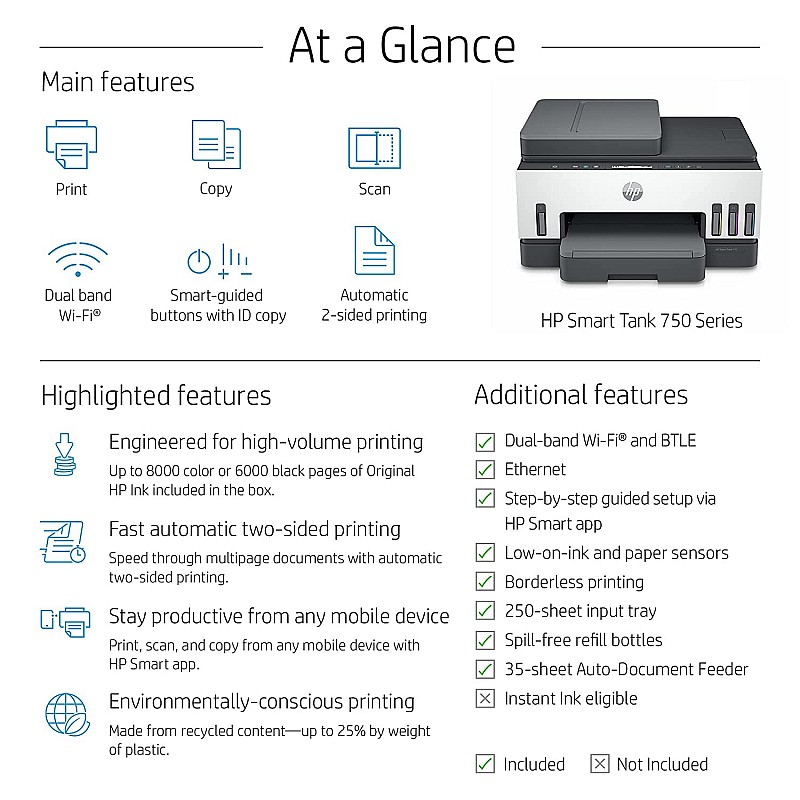 HP Smart 750 WiFi Duplex Printer with Smart-Guided Button, Print, Scan, Copy, Wireless, up to 12K Black or 8K Color Pages of Ink in The Box