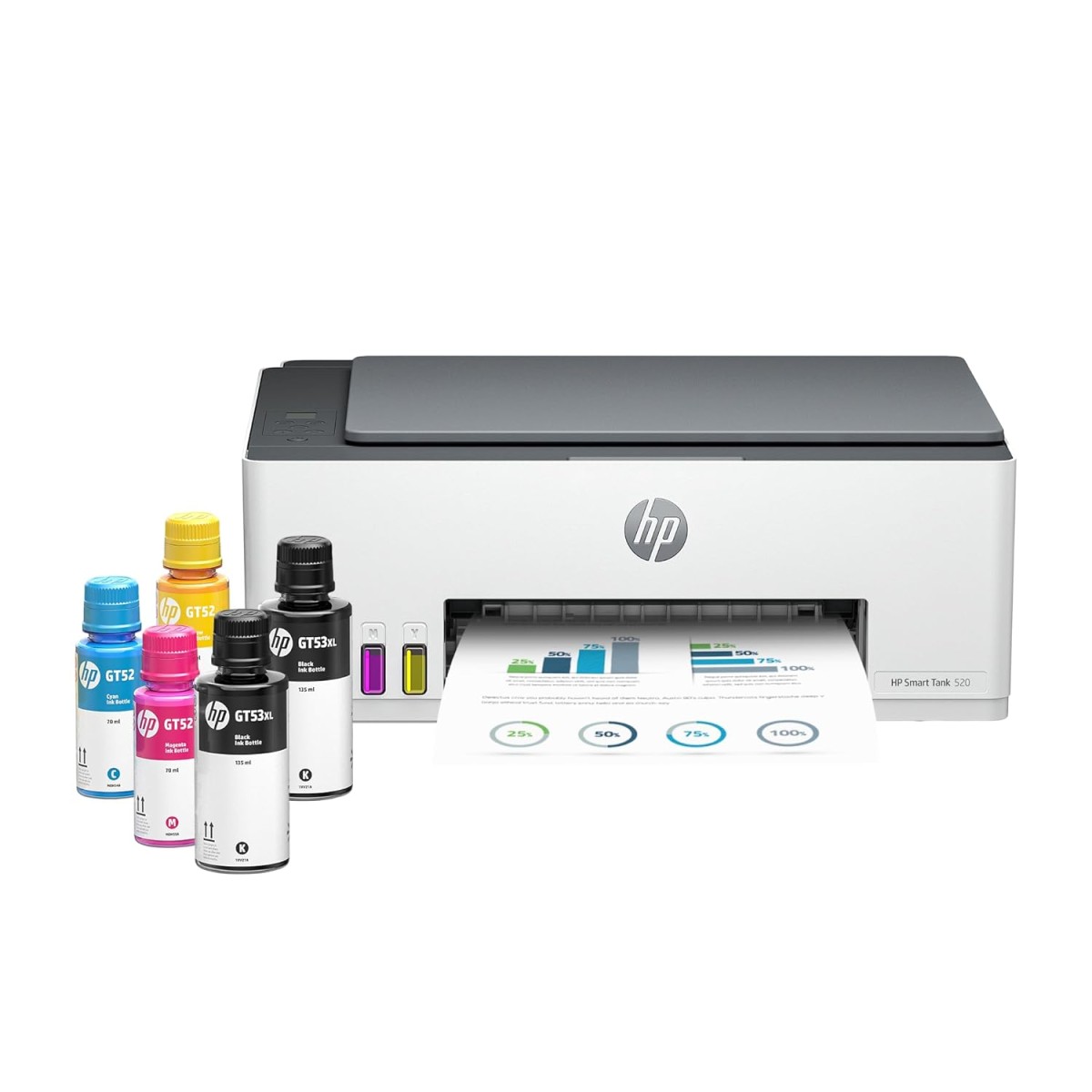 HP Smart Tank 520 All-in-one Colour Printer with 1 Extra Black Ink Bottle (Upto 8000 Black and 6000 Colour Prints) and 1 Year Extended Warranty with PHA Coverage.Print, Scan & Copy for Office/Home