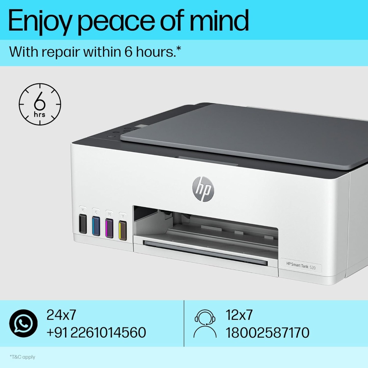 HP Smart Tank 520 All-in-one Colour Printer with 1 Extra Black Ink Bottle (Upto 8000 Black and 6000 Colour Prints) and 1 Year Extended Warranty with PHA Coverage.Print, Scan & Copy for Office/Home