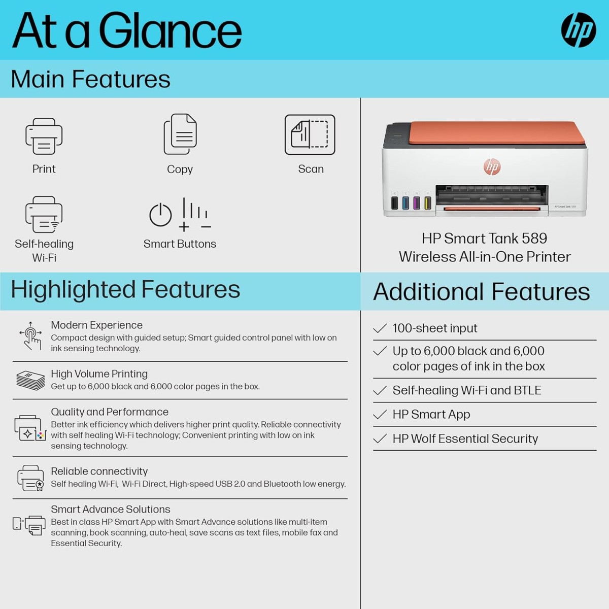 HP Smart Tank 589 All-in-One WiFi Colour Printer – 30 ppm Speed, High Capacity Ink Tank, Wireless, Ideal for Home & Office Printing