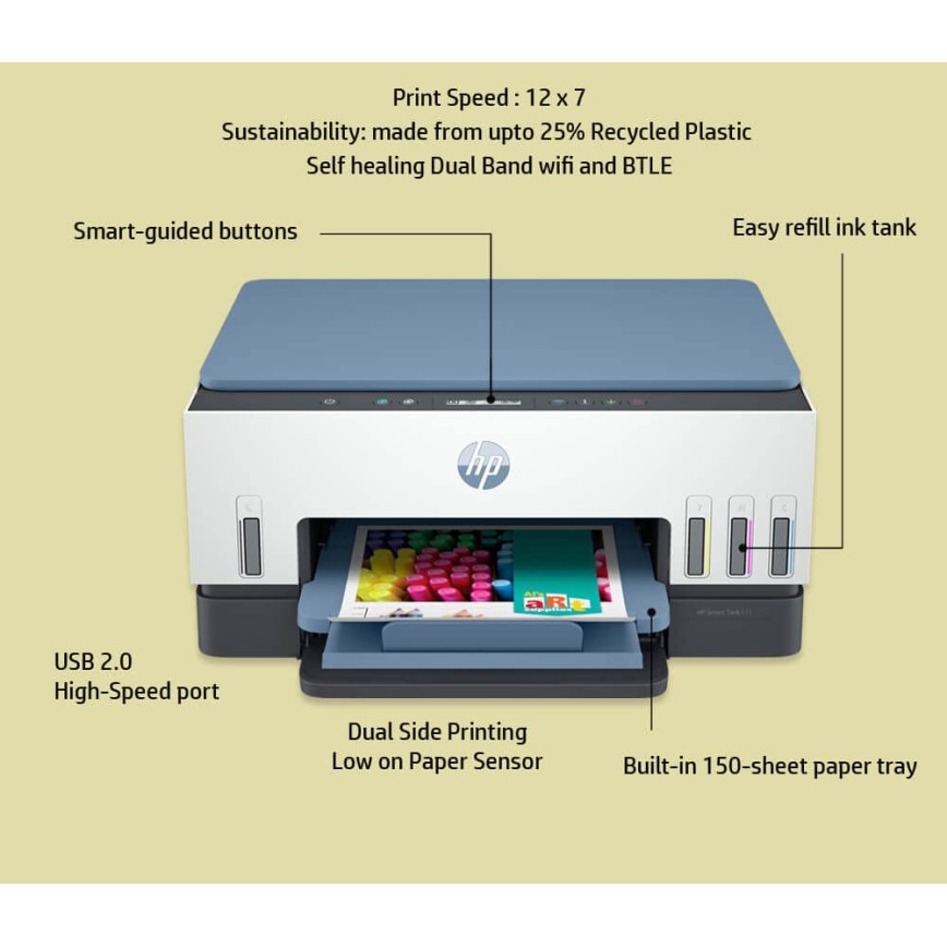 HP Smart Tank 675 All-in-One Auto Duplex WiFi Integrated Ink Tank Colour Printer, Scanner, Copier- High Capacity Tank with Automatic Ink Sensor
