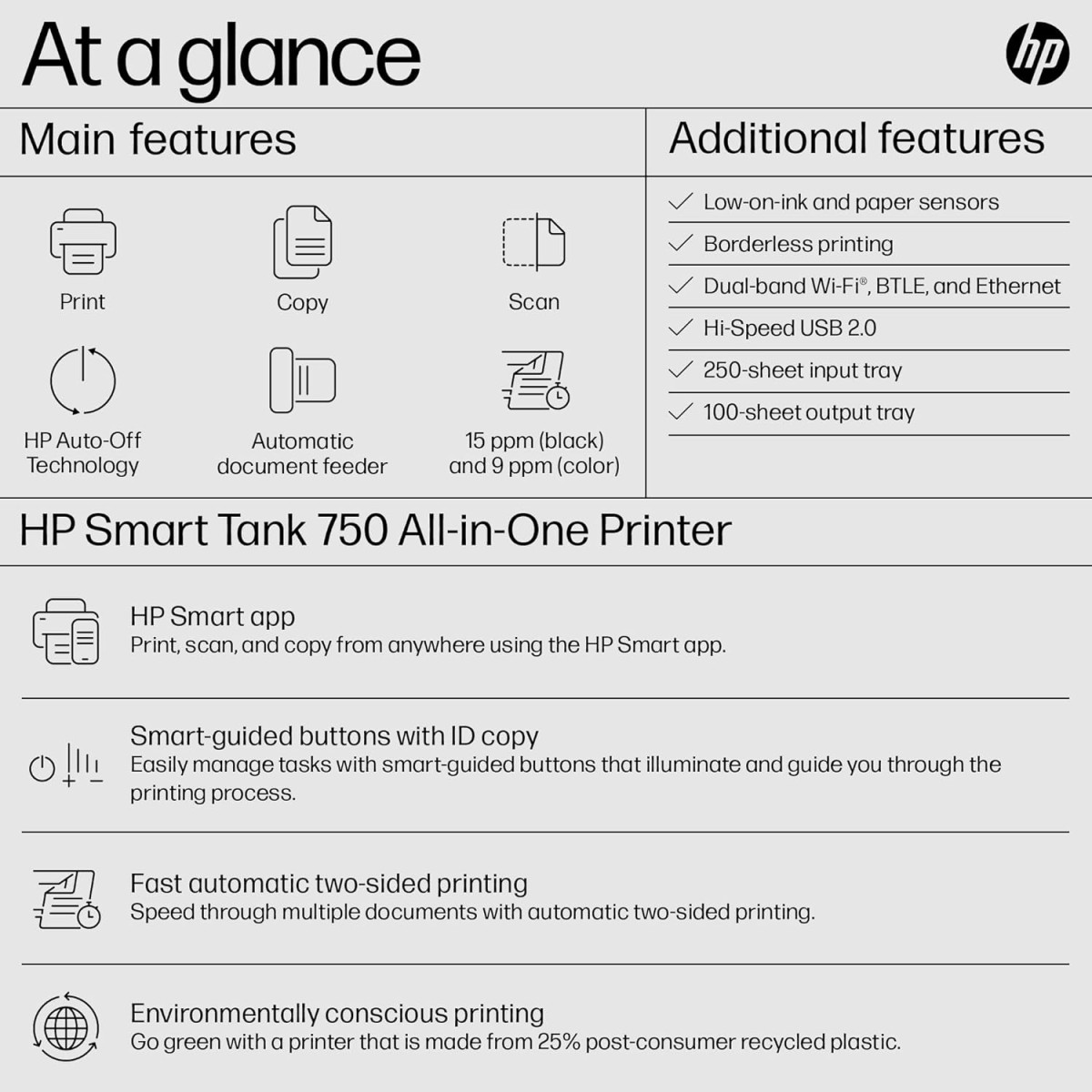 HP Smart Tank 750 All-in-One Auto Duplex WiFi Colour Printer with ADF, Print, Scan & Cope for Office with ADF, Multicolor