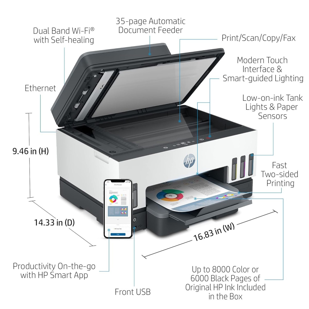 HP Smart Tank 790 All-in-One Auto Duplex WiFi Colour Printer with ADF and FAX, Print, Scan & Copy for Office with ADF and FAX