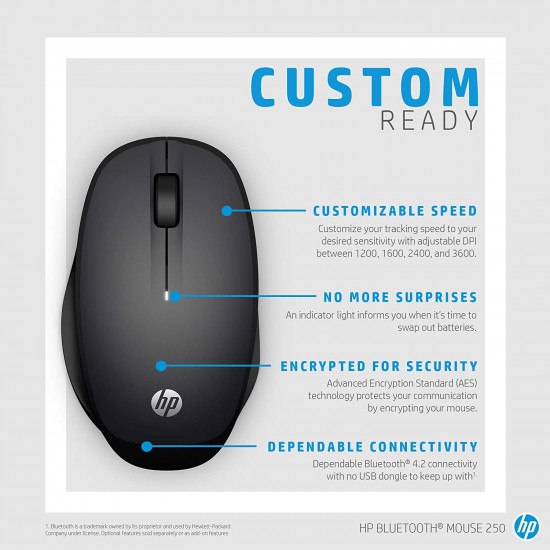 HP Wireless Bluetooth Mouse 250 for PCs and Laptops, Adjustable DPI High Resolution Optical Sensor Black (6CR73AA)