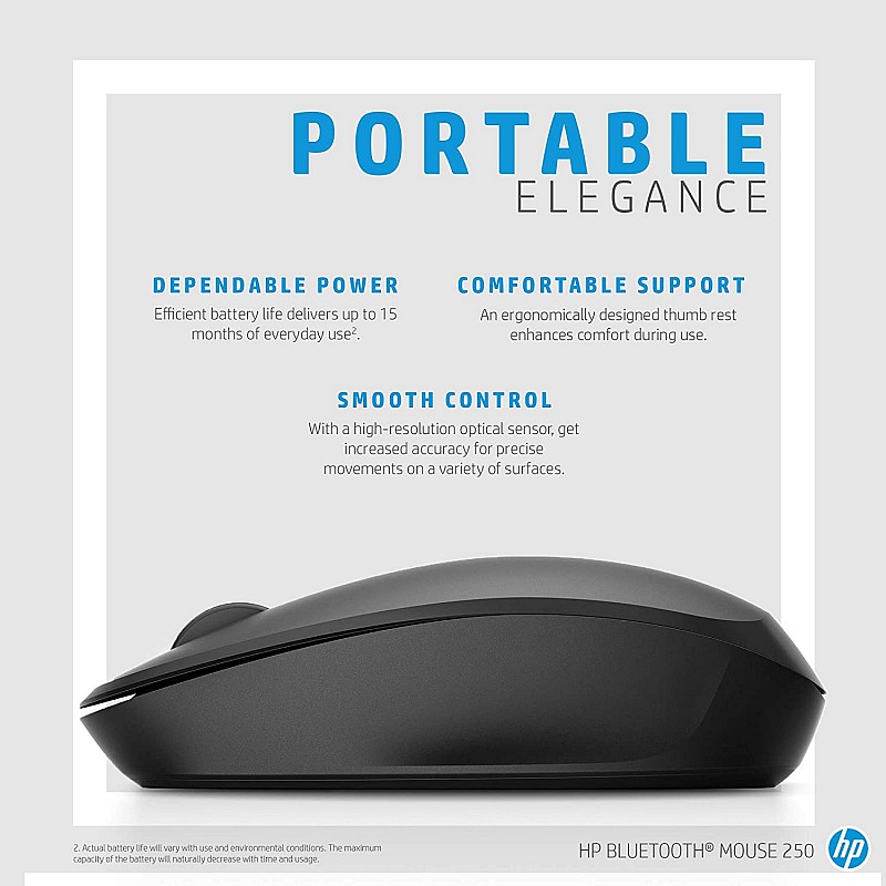 HP Wireless Bluetooth Mouse 250 for PCs and Laptops, Adjustable DPI High Resolution Optical Sensor Black (6CR73AA)