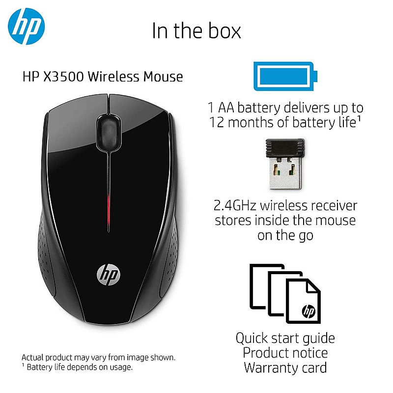 HP X3000 Wireless Optical Mouse 1600DPI 2.4GHz Connectivity with 3 Buttons Clickable Scroll Wheel and Plug N Play Feature (Black)