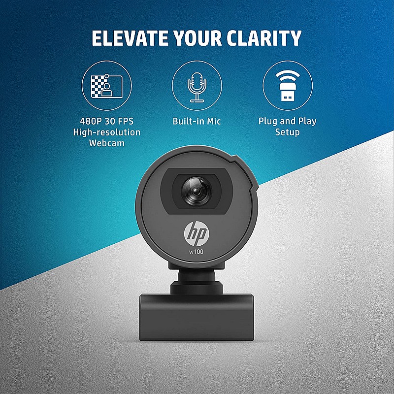 HP w100 480p/30 Fps Webcam, Built-in Mic, Plug and Play, Wide-Angle View for Video Calling, Skype, Zoom, Microsoft Teams, Black