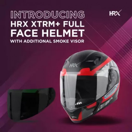 HRX XTRM+Full Face Clear Visor+Smoke Visor Air ventilated ISI Marked Decal Motorbike Helmet MAT BLACK RED