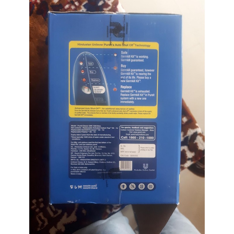 HUL Pureit Germkill kit for Classic 23 L water purifier - 1500 L Capacity, Activated Carbon, Multicolour HUL Pureit Germkill kit for Classic 23 L water purifier - 1500 L Capacity, Activated Carbon, Multicolour