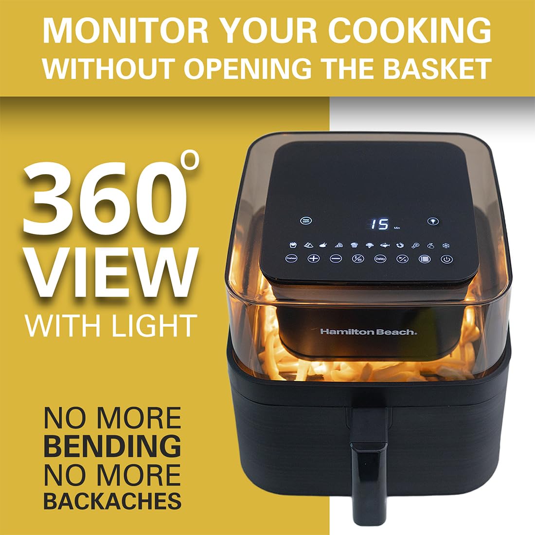 Hamilton Beach Digital Air Fryer, 1700W Power, 7.2L Capacity, Air fryer for Home, 360° View to Monitor Cooking, Digital Display with 12 Preset Menus, Dehydrate, Keep Warm, Touch Controls, Black