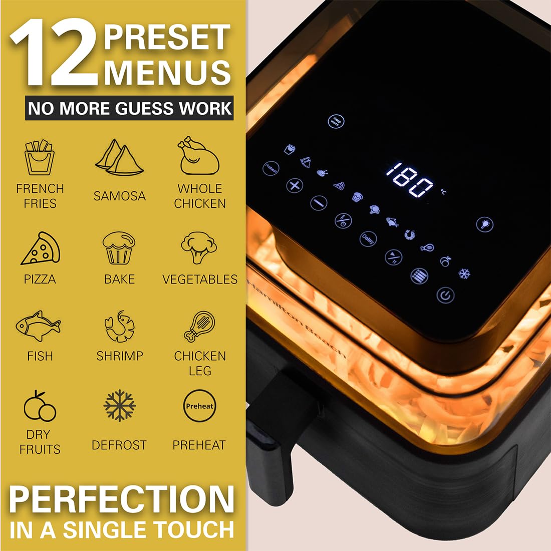 Hamilton Beach Digital Air Fryer, 1700W Power, 7.2L Capacity, Air fryer for Home, 360° View to Monitor Cooking, Digital Display with 12 Preset Menus, Dehydrate, Keep Warm, Touch Controls, Black