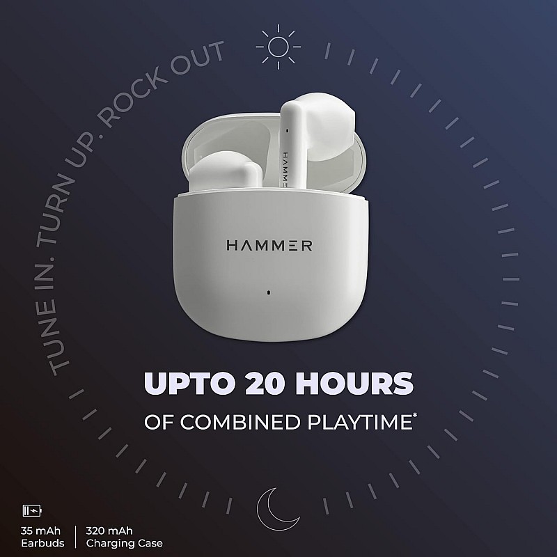 Hammer KO Pro Bluetooth Earbuds with Upto 20H Playtime, ENC, Fast Charging Type-C, IPX4 Water Resistant, Bluetooth v5.3, Touch Controls and Voice Assistant (White)