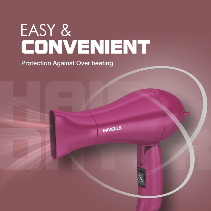 Havells 1000 Watt Foldable Hair Dryer; 2 Heat Settings (Hot/Warm), Heat Balance Technology | Purple | Your Perfect Blow Dry Companion For Effortless Hair Styling | Hd1810