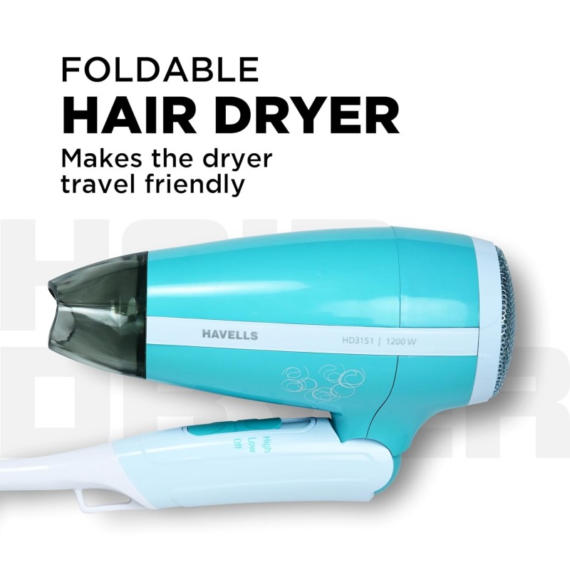 Havells 1200 Watts Foldable Hair Dryer; 3 Heat Settings With Cool Shot (Hot/Cool/ Warm), Heat Balance Technology|Cool Turquoise|Your Perfect Blow Dry Companion For Effortless Hair Styling|Hd3151