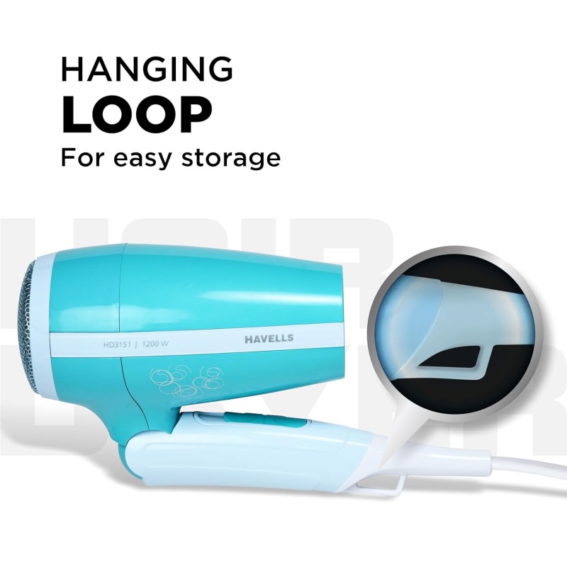 Havells 1200 Watts Foldable Hair Dryer; 3 Heat Settings With Cool Shot (Hot/Cool/ Warm), Heat Balance Technology|Cool Turquoise|Your Perfect Blow Dry Companion For Effortless Hair Styling|Hd3151