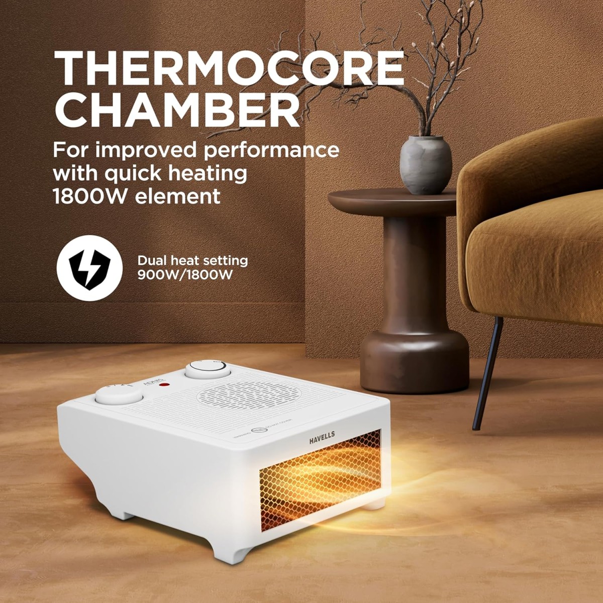 Havells Adnis Room Heater| Dual Heat Setting 900/1800 Watt| Safety with Overheat Protection| Adjustable Thermostat Control Knob| Fire Retardant Material| Cool Fan Function| 2 Year Warranty (White)