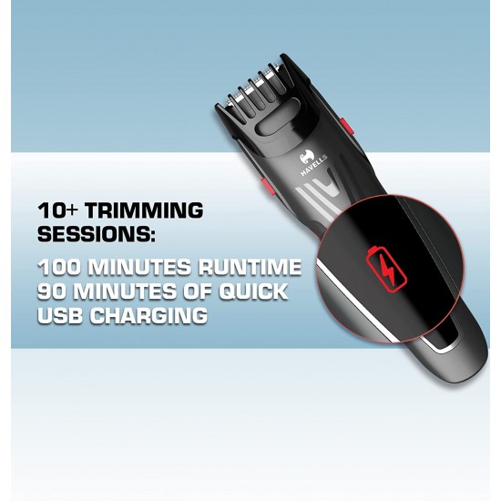 Havells BT5302 Rechargeable Beard & Moustache Trimmer with 20 Length Settings, Titanium Blade for Smooth Trim (Grey & Red)