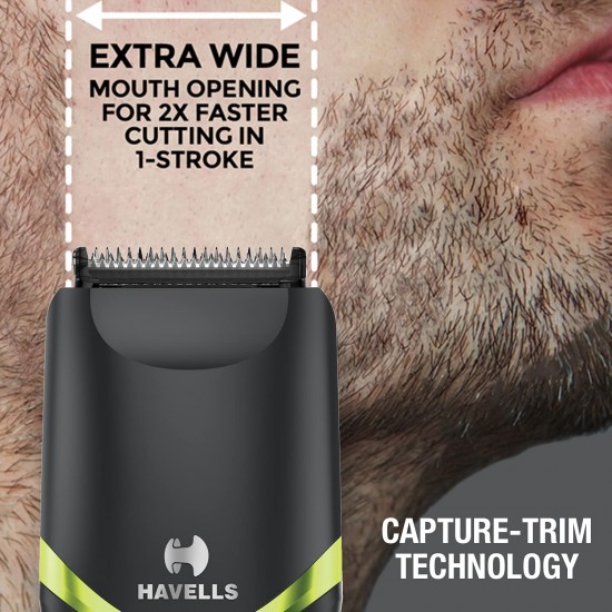 Havells BT9003 Adjustable Beard & Moustache Trimmer, Fast Charge Allows 15 + Trims, 19 Built-in Precise Lengths (Black/Blue)