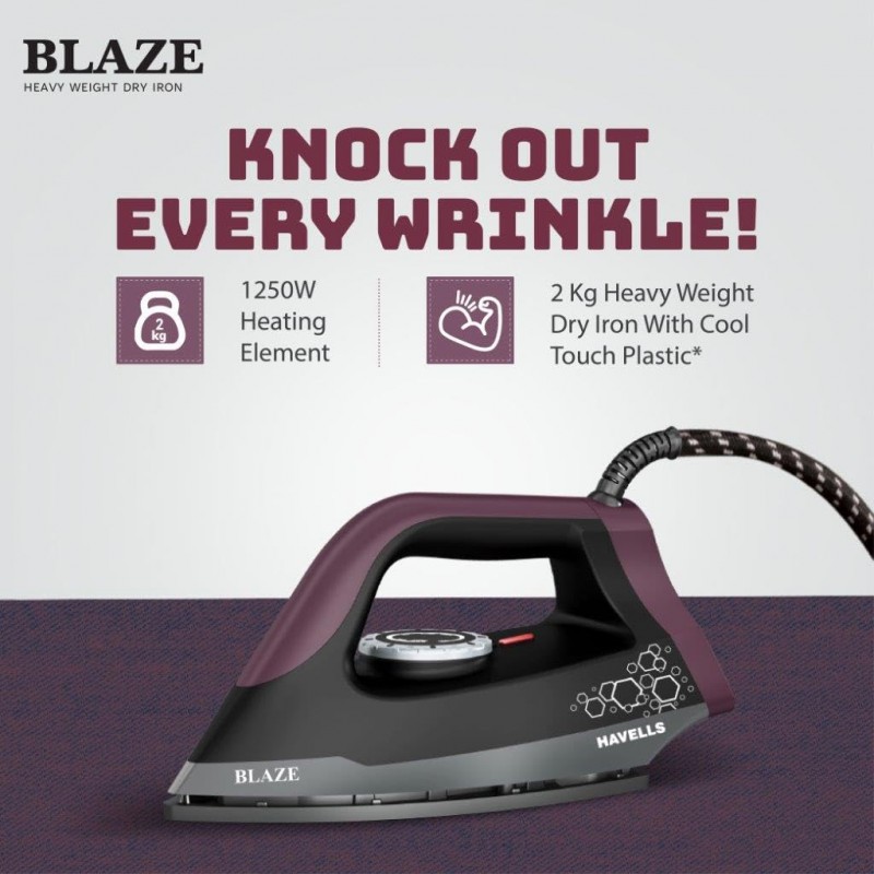 Havells Blaze Dry Iron 2 KG Heavy Weight Dry Iron| 1250W| American Heritage Non-stick Coated Sole Plate For Smooth Gliding & Long Life| Aerodynamic Design| 2 Year Manufacturer Warranty (Black) Havells Blaze Dry Iron 2 KG Heavy Weight Dry Iron| 1250W| American Heritage Non-stick Coated Sole Plate For Smooth Gliding & Long Life| Aerodynamic Design| 2 Year Manufacturer Warranty (Black)