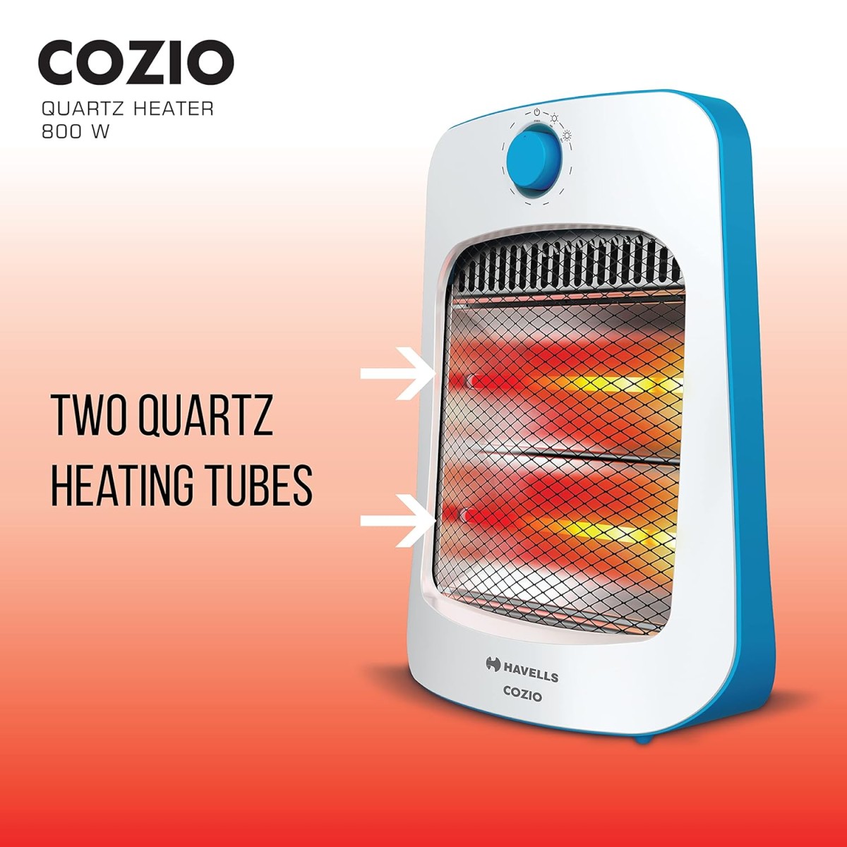Havells Cozio 800 Watt Room Heater with Dual Quartz Heating Rods| Silent Operation| Tip Over Protection| Easy to Carry for Bedroom & Office| Anti Rust Reflector| 2Yr Manufacturer Warranty(White, Blue)