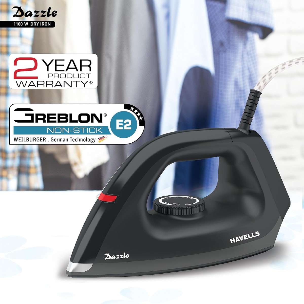 Havells Dry Iron Dazzle 1100 Watts, Iron Press, Greblon Non Sick Soleplate with German Technology| Shock Proof Body| Aerodynamic Design, 360° Swivel Cord|2 Years Door Step Warranty by Havells (Black)