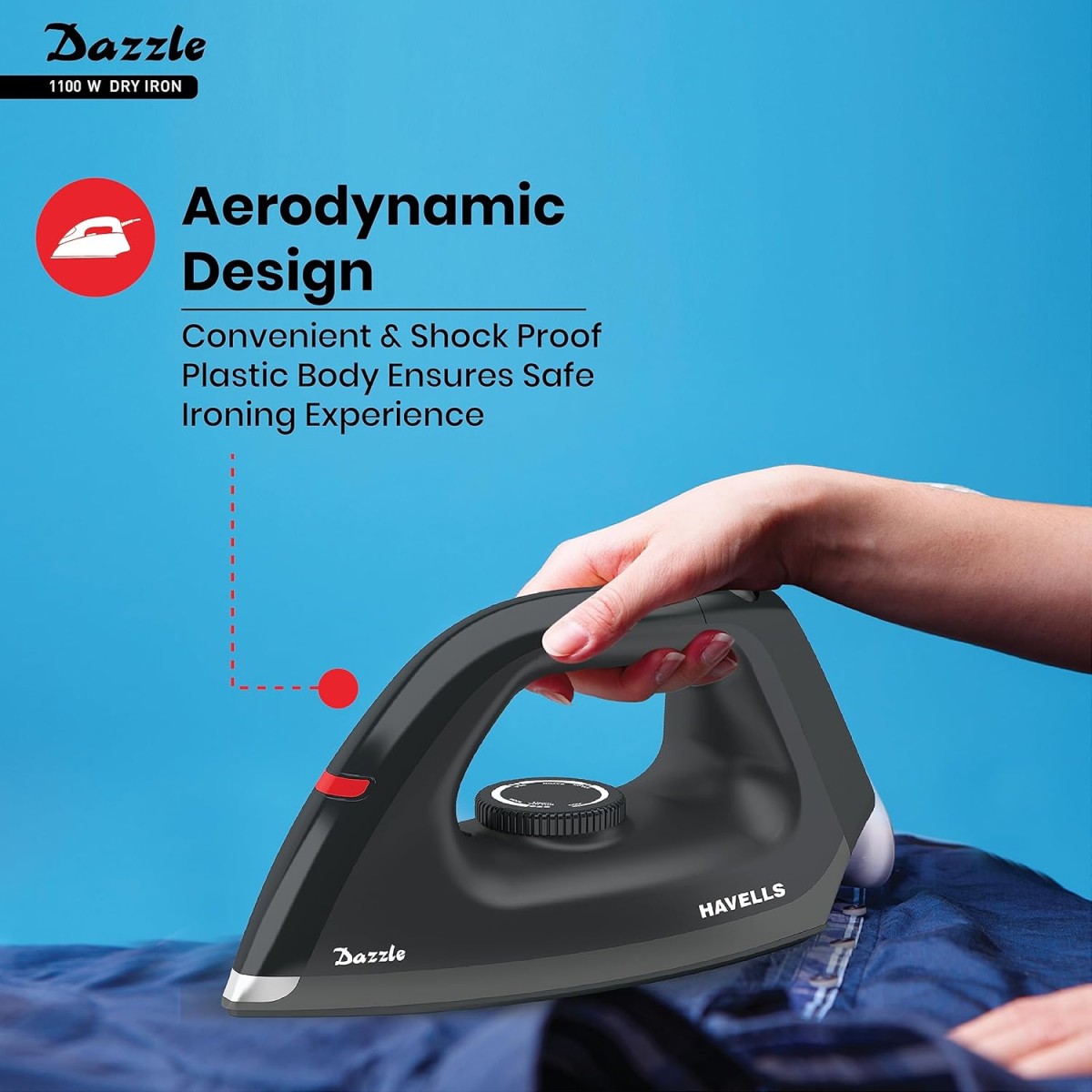 Havells Dry Iron Dazzle 1100 Watts, Iron Press, Greblon Non Sick Soleplate with German Technology| Shock Proof Body| Aerodynamic Design, 360° Swivel Cord|2 Years Door Step Warranty by Havells (Black)