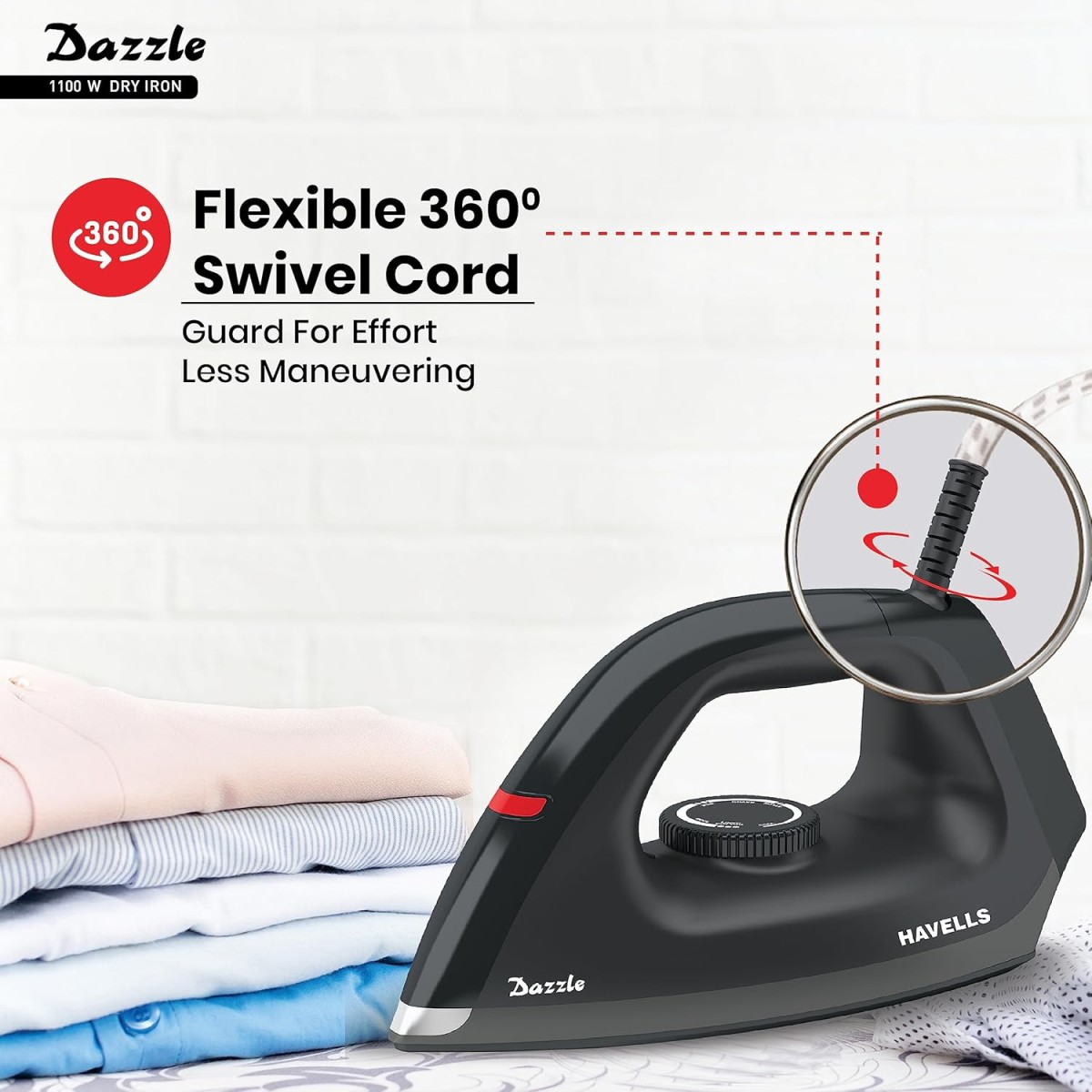 Havells Dry Iron Dazzle 1100 Watts, Iron Press, Greblon Non Sick Soleplate with German Technology| Shock Proof Body| Aerodynamic Design, 360° Swivel Cord|2 Years Door Step Warranty by Havells (Black)