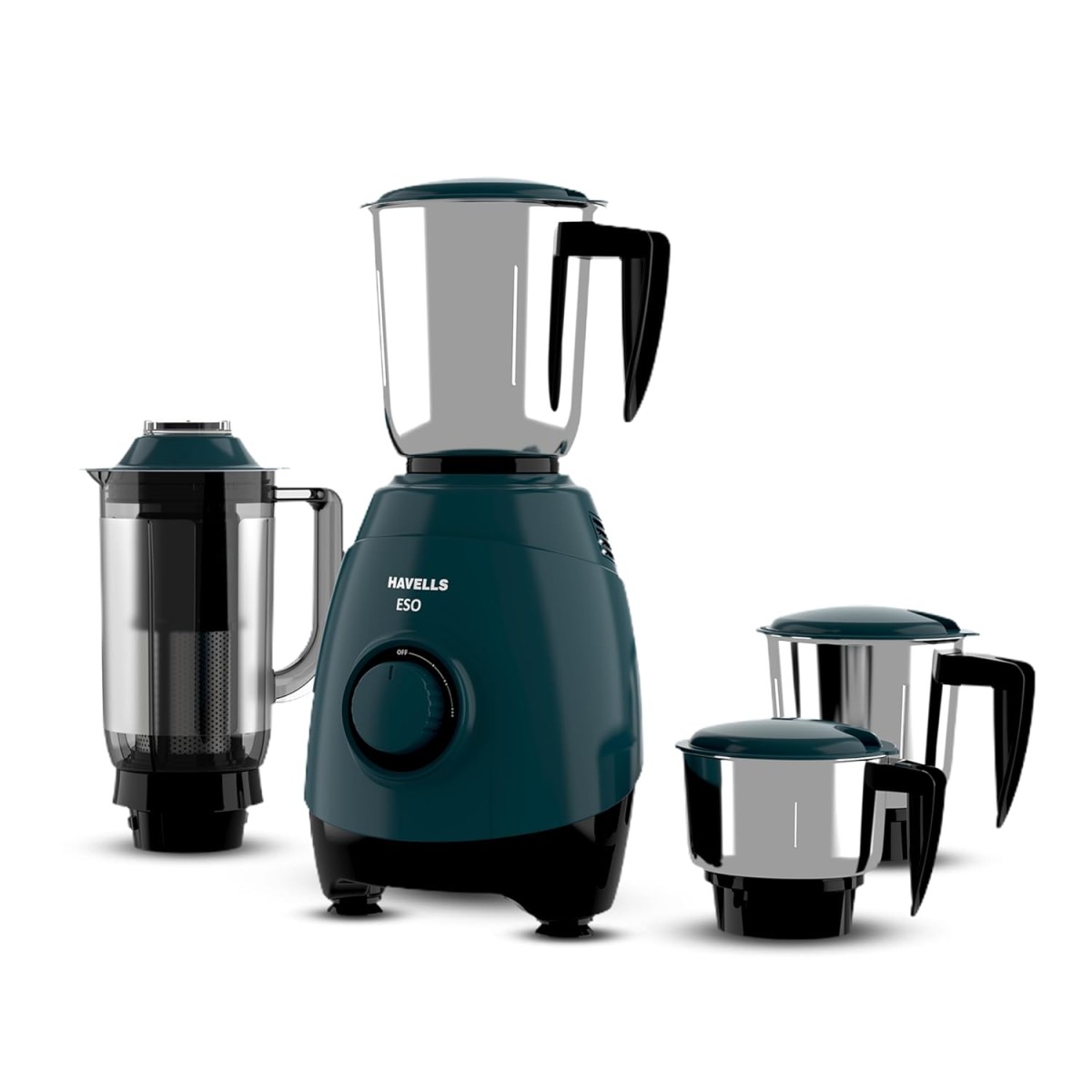 Havells ESO 750 Watt Mixer Grinder | 4 Jars (3 Stainless Steel + 1 Juicer Jar) | Heavy-Duty ABS Body | Powerful Motor | Wider Mouth Blades | Handles on All Jars | 2-Year Product Warranty (Teal)