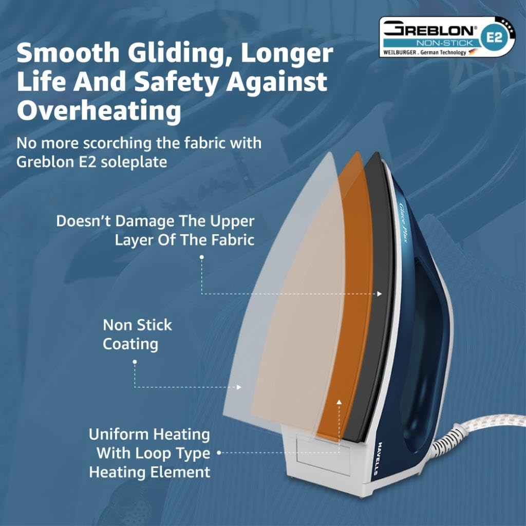 Havells Glace Plus 1000 Watts Dry Iron Press| 2X Non Stick Greblon Coating from Germany| 2X ISI Certified Safety & Performance| Fire Retardant Body| Havells (Blue)