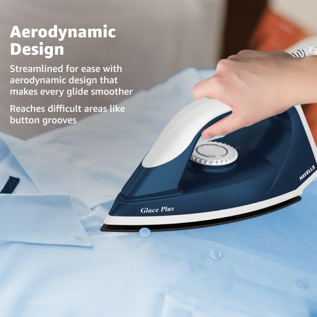 Havells Glace Plus 1000 Watts Dry Iron Press| 2X Non Stick Greblon Coating from Germany| 2X ISI Certified Safety & Performance| Fire Retardant Body| Havells (Blue)