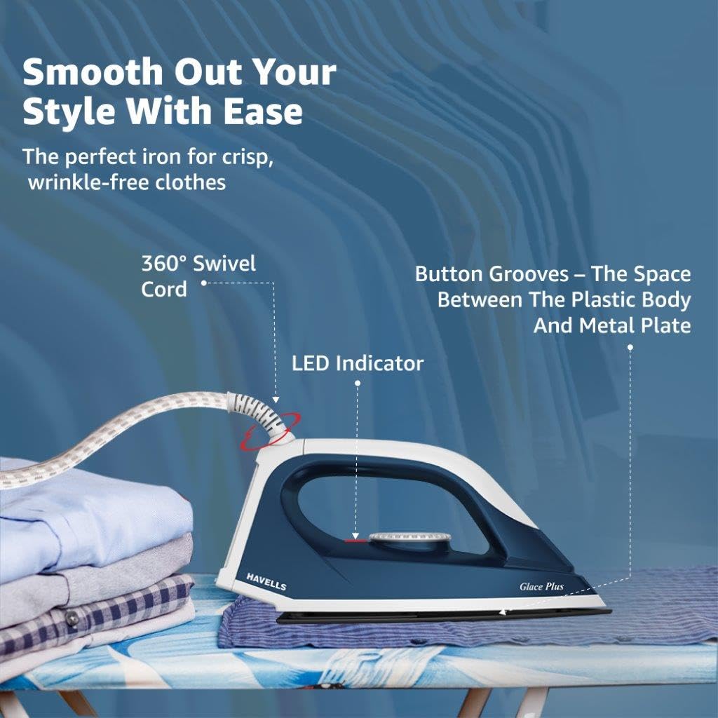Havells Glace Plus 1000 Watts Dry Iron Press| 2X Non Stick Greblon Coating from Germany| 2X ISI Certified Safety & Performance| Fire Retardant Body| Havells (Blue)