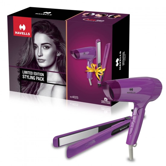 Havells HC4025 Limited Edition Styling Pack Combo (1200 W Dryer + Straightener (Purple)