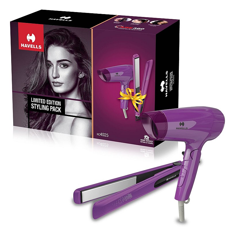 Havells HC4025 Limited Edition Styling Pack Combo 1200 W Dryer + Straightener (Purple)