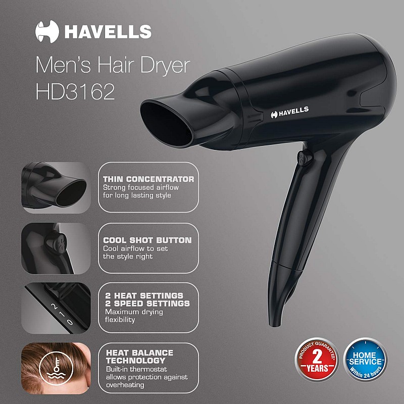 Havells HD3162 Men's 1565 Watts Hair Dryer with Thin Concentrator - Black