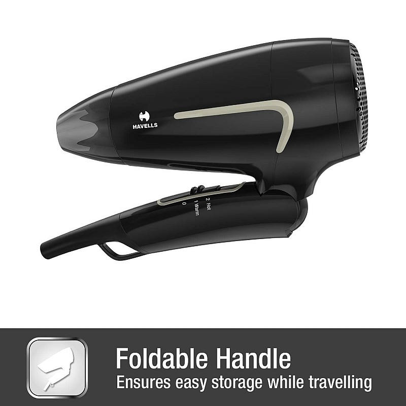 Havells HD3181 1600 Watts Unisex Foldable Hair Dryer; 3 Heat (Hot/Warm/Cold) Settings including Cool Shot Button; Heat Balance Technology (Black)