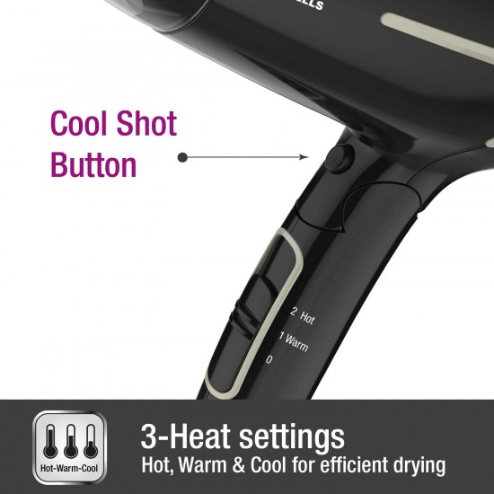 Havells HD3181 1600 Watts Unisex Foldable Hair Dryer; 3 Heat (Hot/Warm/Cold) Settings including Cool Shot Button; Heat Balance Technology (Black)