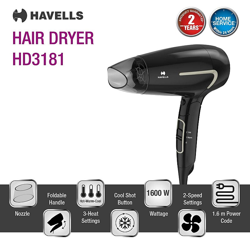 Havells HD3181 1600 Watts Unisex Foldable Hair Dryer; 3 Heat (Hot/Warm/Cold) Settings including Cool Shot Button; Heat Balance Technology (Black)