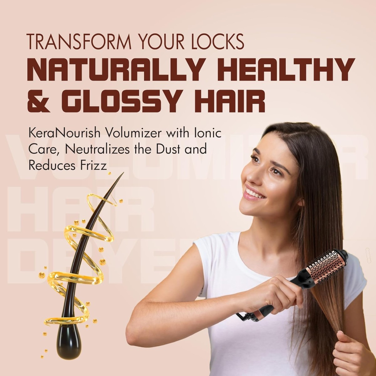 Havells HD4081 Professional Volumizer Hair Dryer, KeraNourish Ceramic Coating Brush Head, 1200 Watts, Ionic Care, Nylon Bristles,Cool Tip with Stand Support