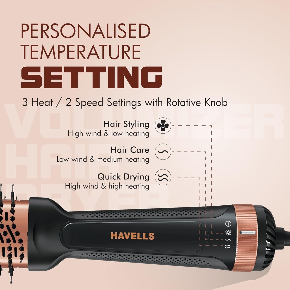 Havells HD4081 Professional Volumizer Hair Dryer, KeraNourish Ceramic Coating Brush Head, 1200 Watts, Ionic Care, Nylon Bristles,Cool Tip with Stand Support