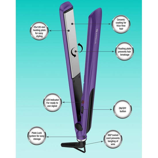 Havells HS4101 Ceramic Plates Fast Heat up Hair Straightener, Straightens & Curls, Suitable for all Hair Types (Purple)