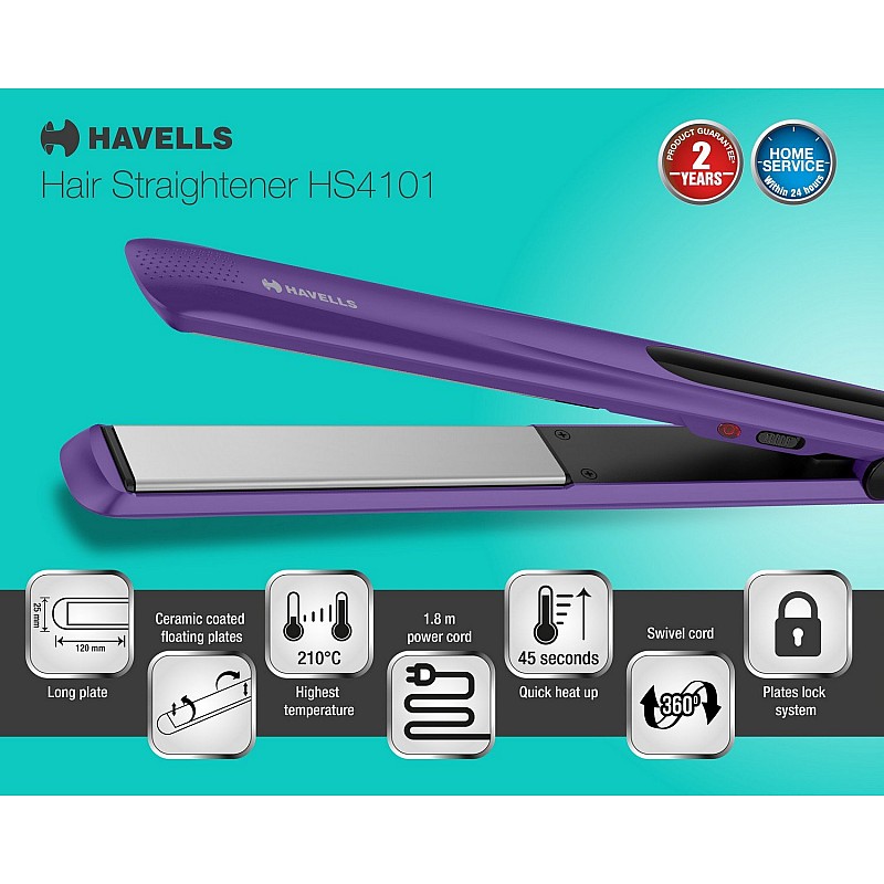 Havells HS4101 Ceramic Plates Fast Heat up Hair Straightener, Straightens & Curls, Suitable for all Hair Types (Purple)