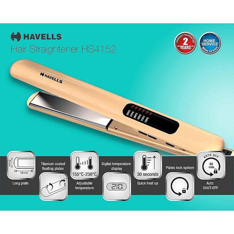 Havells HS4152 Titanium plates professional Hair Straightener; Adjustable temperature with instant heating; For all hair types (Gold)