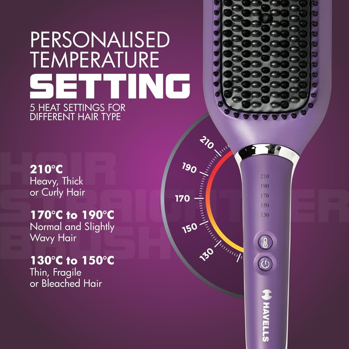Havells Keratin Infused Hair Straightener Brush With Temperature Control For All Hair Types | 50 Watts | 2 Years Guarantee | Stunning Purple | Hs4201
