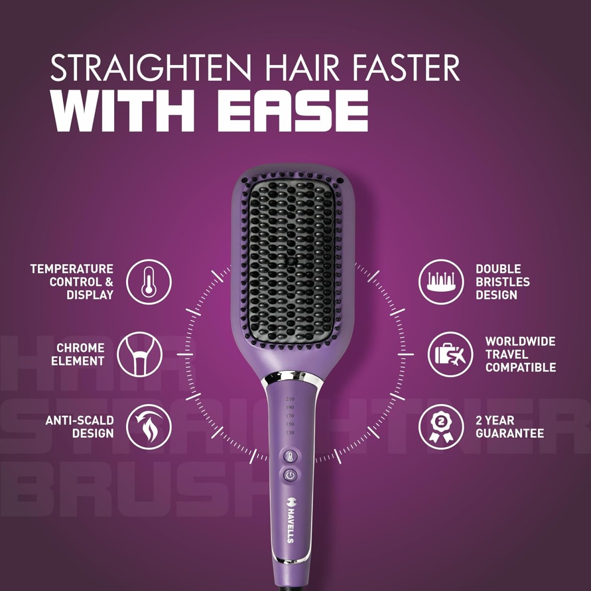Havells Keratin Infused Hair Straightener Brush With Temperature Control For All Hair Types | 50 Watts | 2 Years Guarantee | Stunning Purple | Hs4201